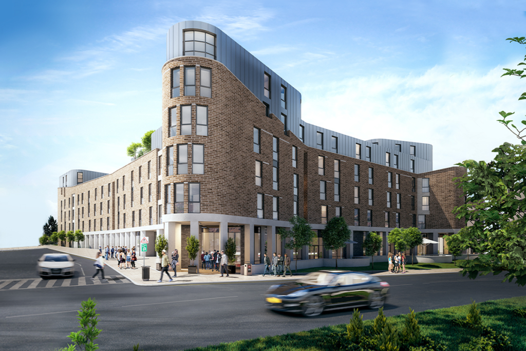 Exterior view of Urban Hub student accommodation in Preston, developed by Pillars showcasing modern design and central location