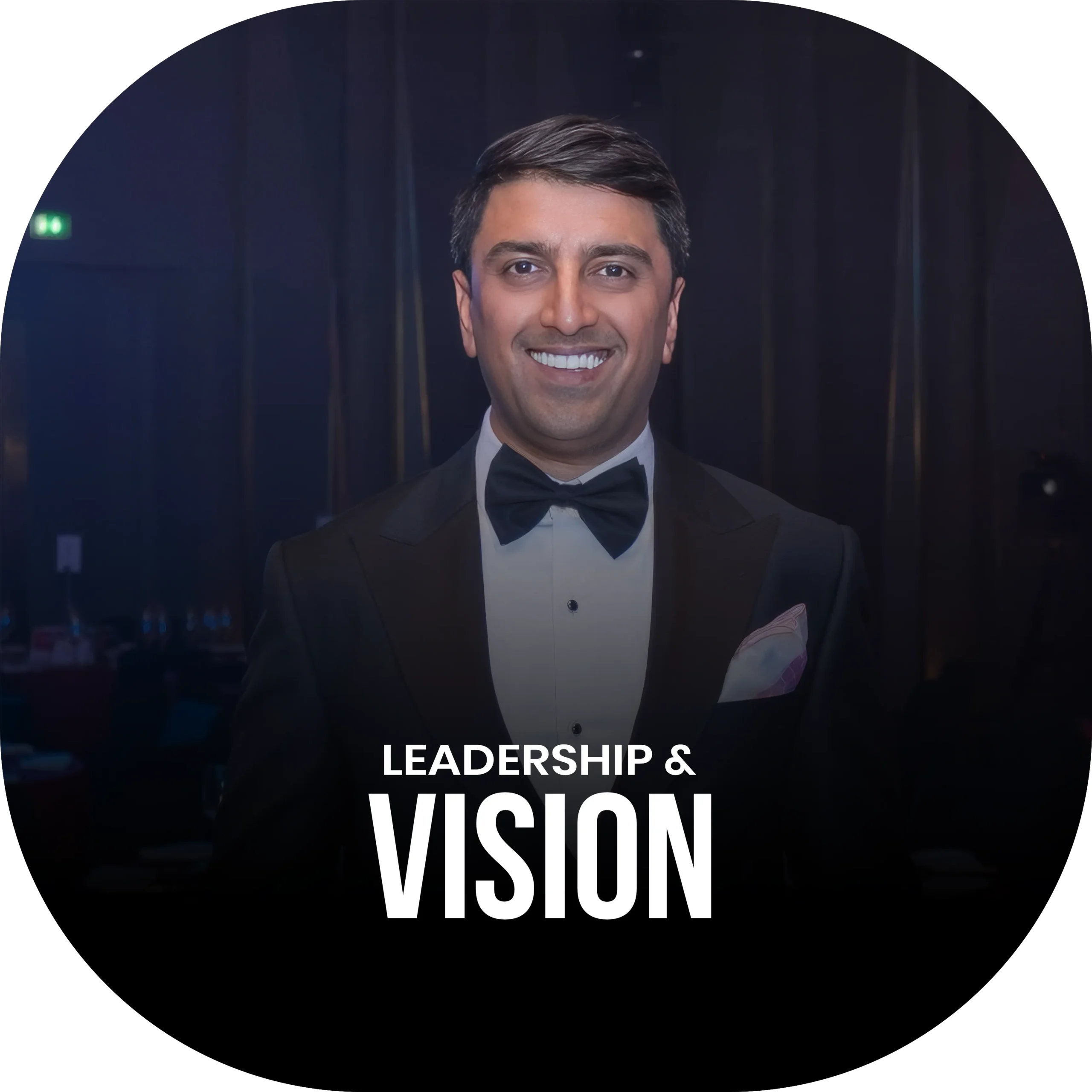 Samir Salya smiling in a tailored three-piece suit promotional image for the “Leadership and Vision” podcast on his management style and vision