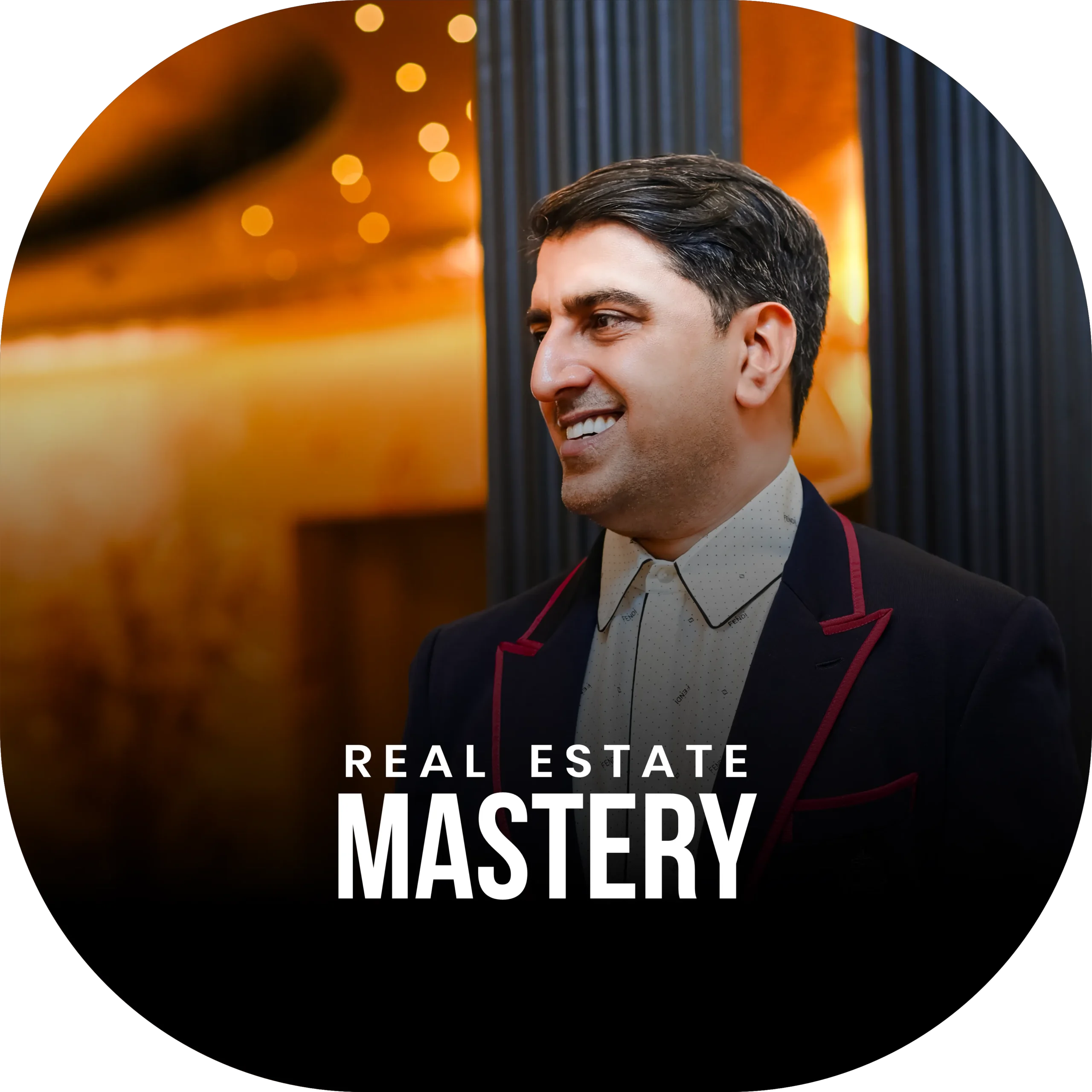 Side profile of Samir Salya smiling in a designer suit, promo image for the “Real Estate Mastery” podcast episode on property success and market trends